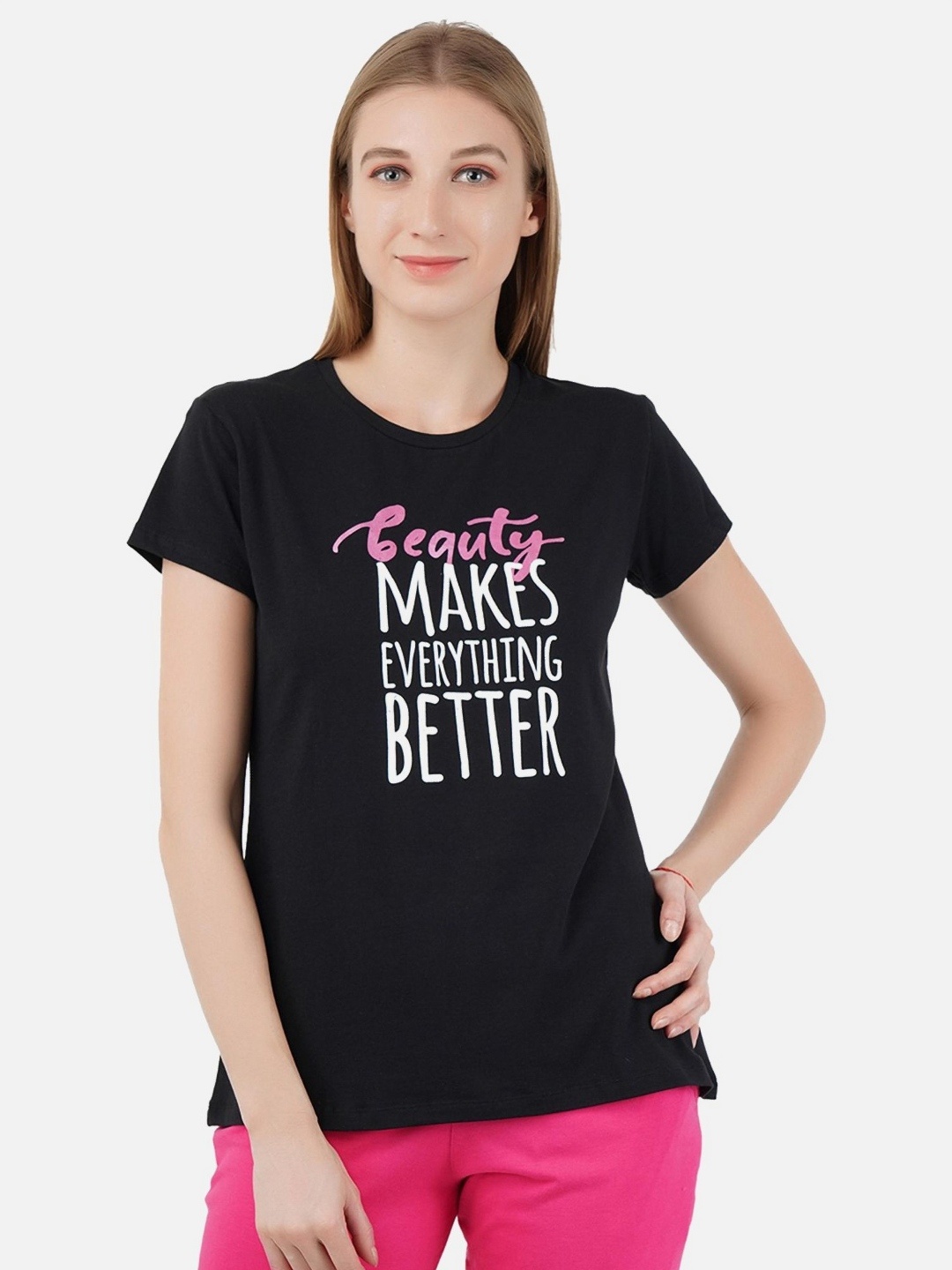 PROTEENS Women Typography Printed Round Neck Cotton T-shirt, Black