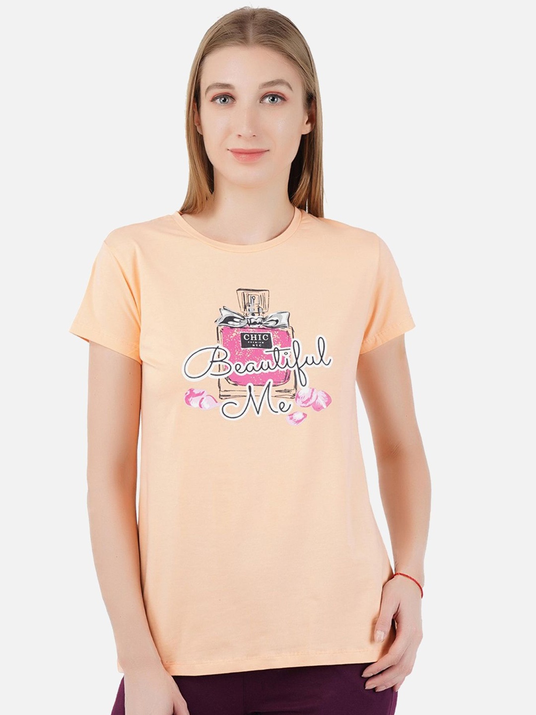 

PROTEENS Women Graphic Printed Round Neck Cotton T-shirt, Peach