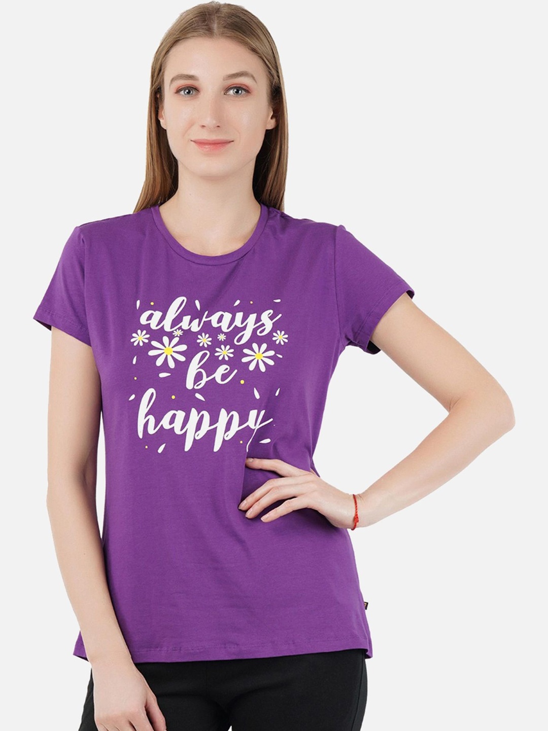 

PROTEENS Women Floral Printed Round Neck Cotton T-shirt, Purple