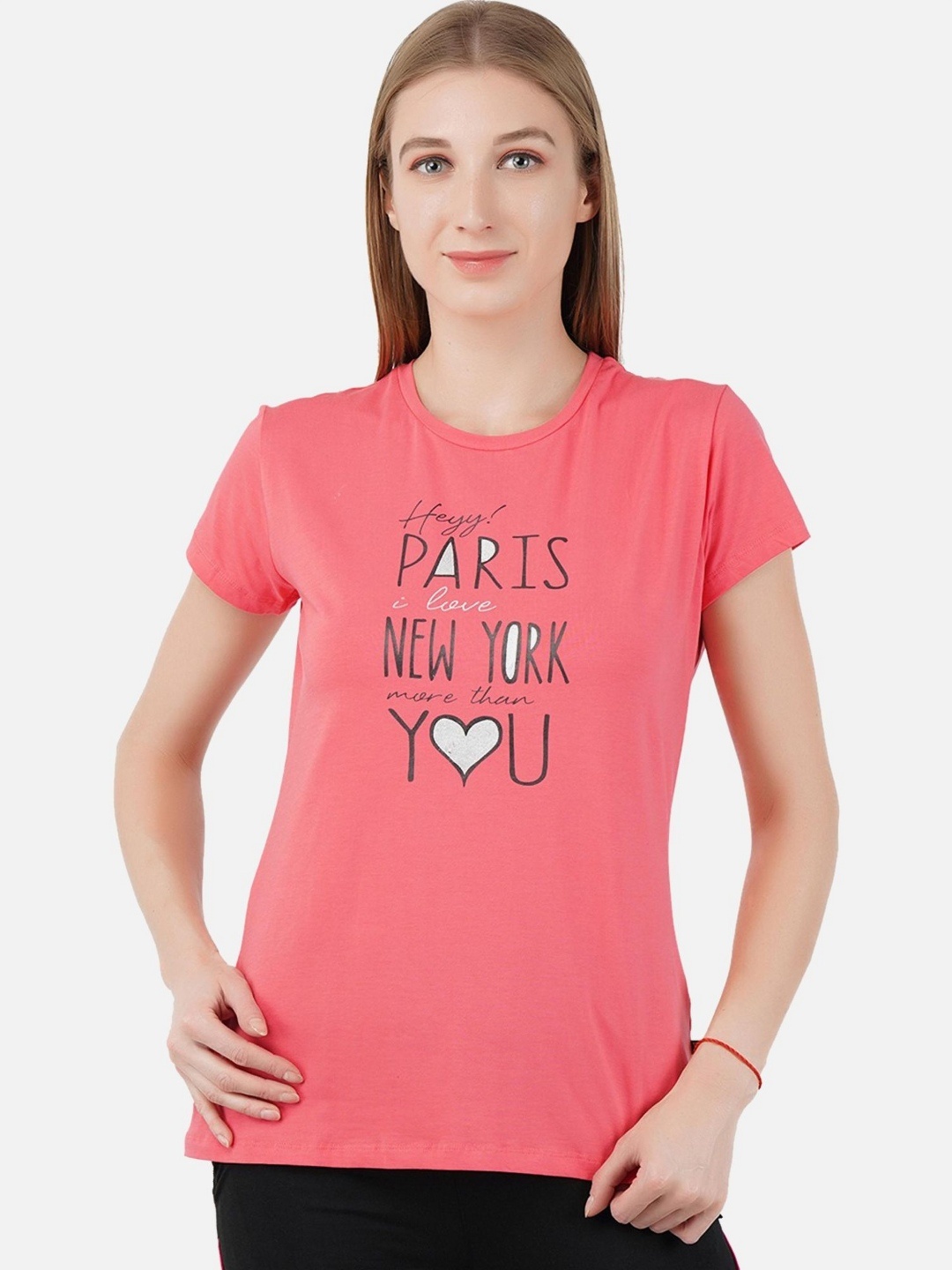 

PROTEENS Women Typography Printed Round Neck Cotton T-shirt, Coral