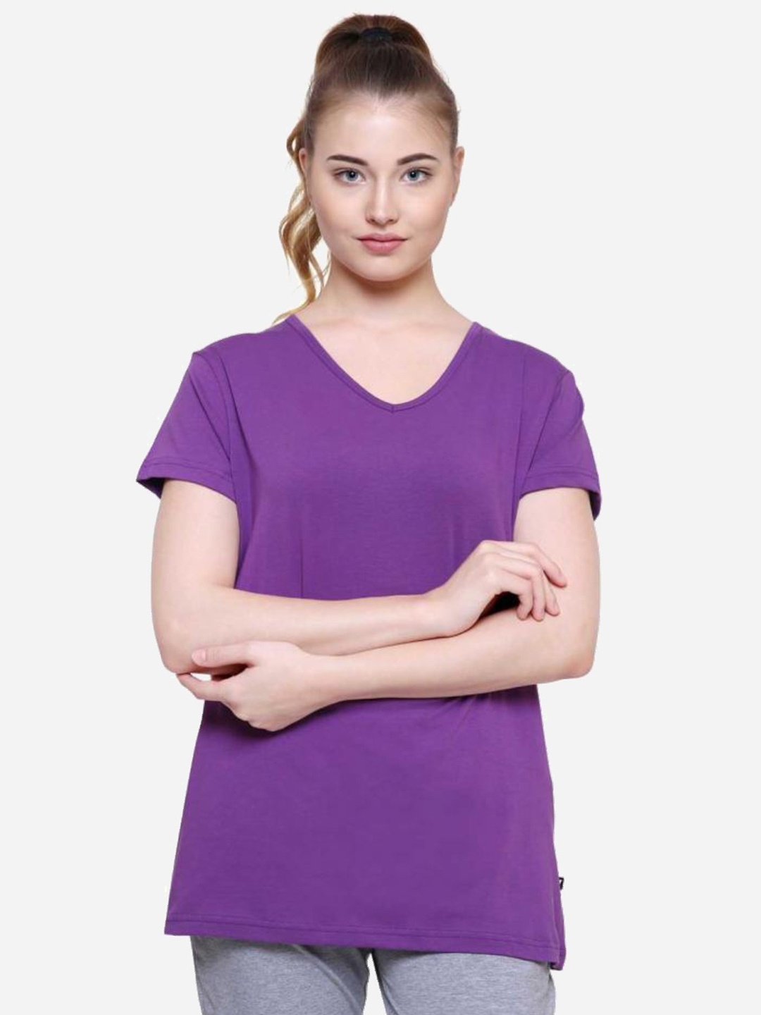 

PROTEENS Women Solid V-Neck Cotton T-shirt, Purple