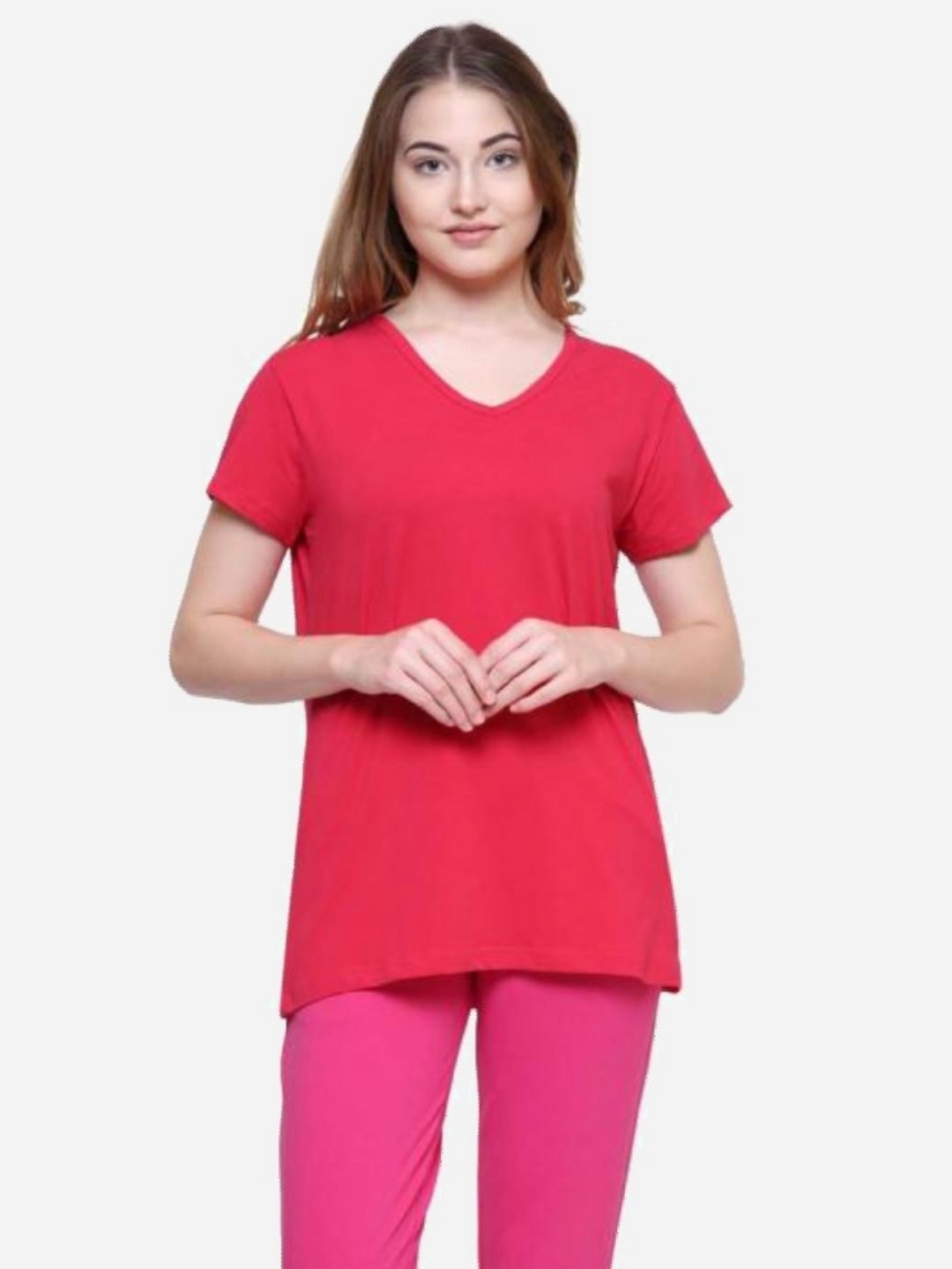 

PROTEENS Women Solid V-Neck Cotton T-shirt, Pink