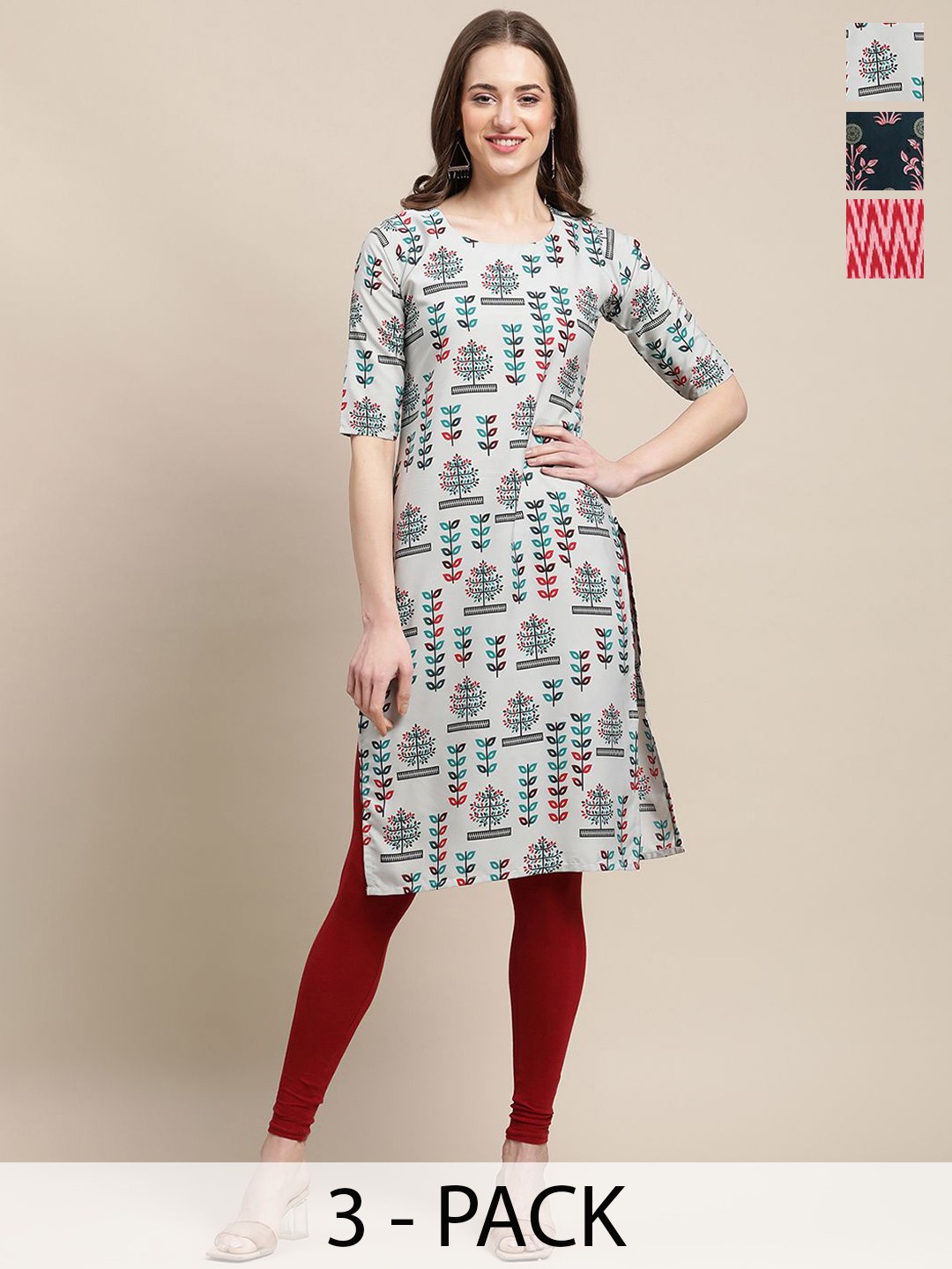 

7Threads Selection Of 3 Ethnic Printed Round Neck Kurtas, Red