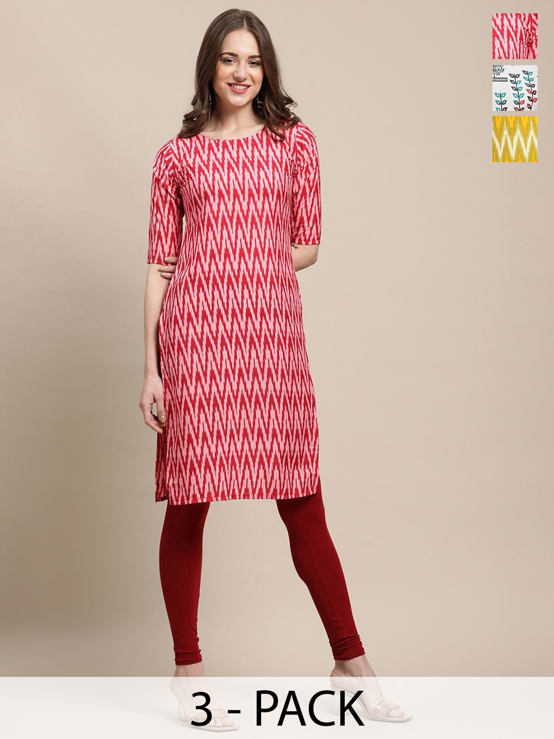 

7Threads Selection of 3 Chevron Printed Crepe Straight Kurta, Red