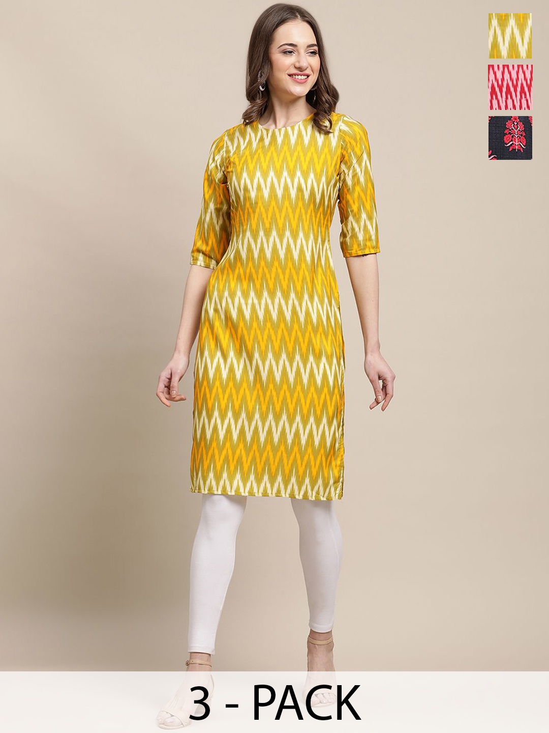 7Threads Selection Of 3 Chevron Printed Kurtas, Yellow