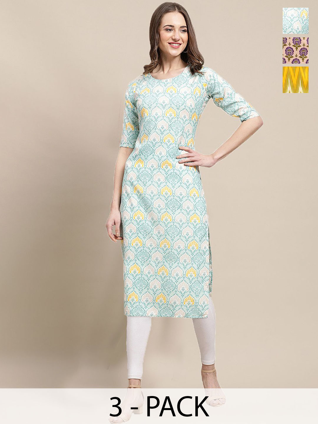 

7Threads Selection Of 3 Ethnic Motifs & Chevron Printed Crepe Straight Kurtas, Blue