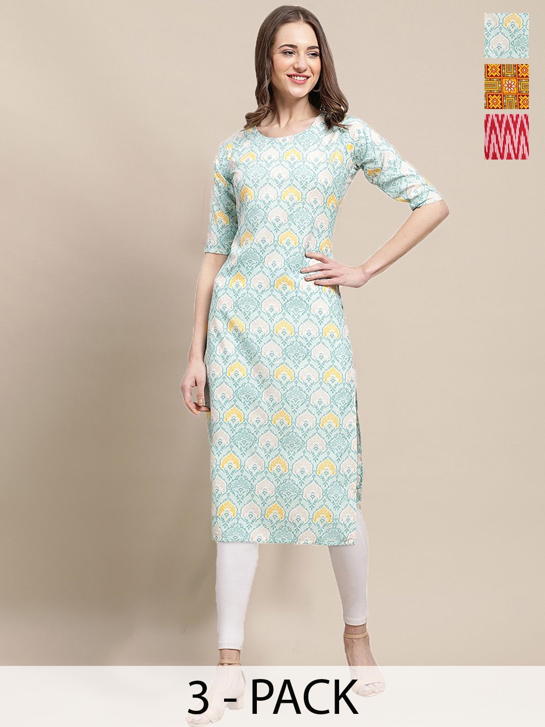 

7Threads Selection Of 3 Ethnic Motifs Printed Round Neck Crepe Straight Kurta, Blue