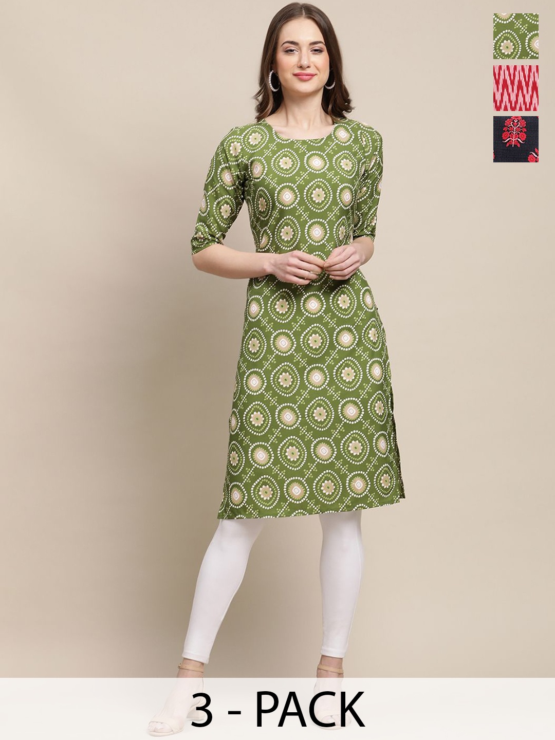 

7Threads Selection of 3 Ethnic Motifs Printed Straight Kurtas, Green