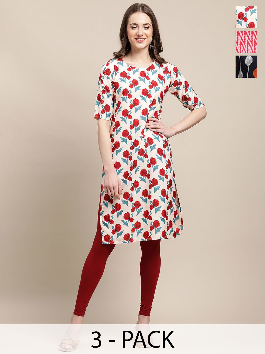 

7Threads Selection Of 3 Floral Printed Round Neck Straight Kurta, Red