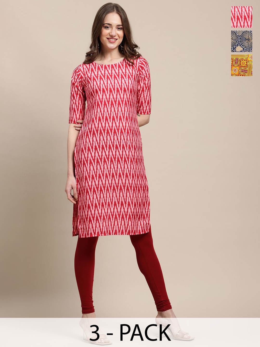 

7Threads Pack Of 3 Ethnic Motifs Printed Round Neck Straight Crepe Kurta, Red
