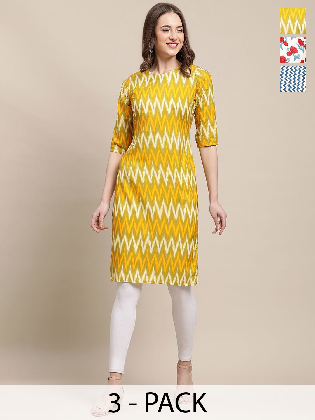 

7Threads Selection Of 3 Chervon Printed Straight Kurta, Yellow