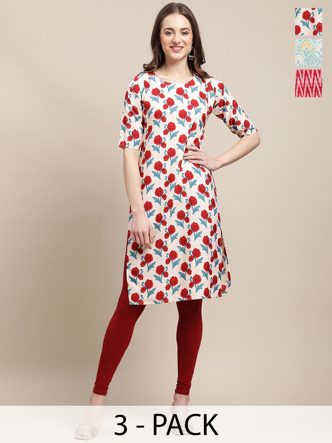

7Threads Selection of 3 Floral Printed Crepe Straight Kurta, Beige