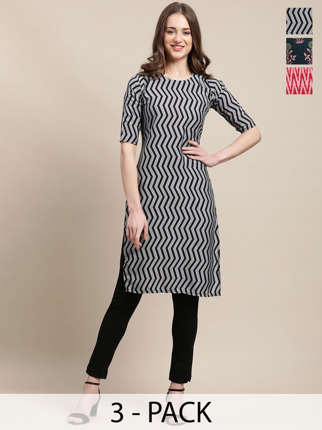 

7Threads Selection Of 3 Chevron Printed Kurtas, Grey