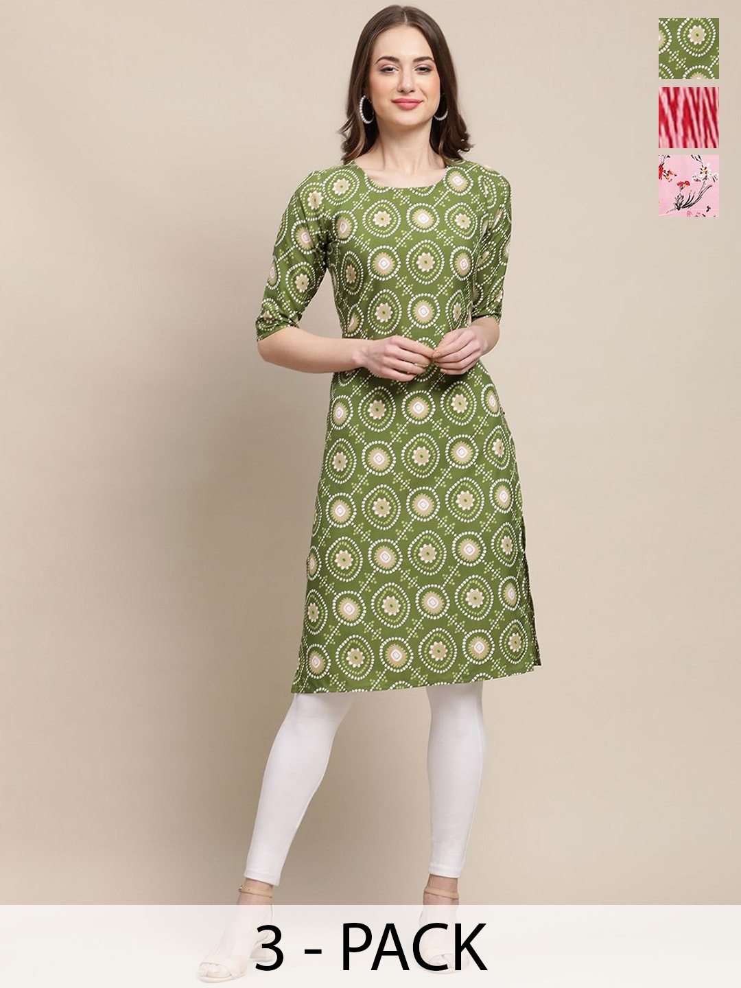 

7Threads Pack of 3 Geometric Printed Round Neck Kurtas, Green