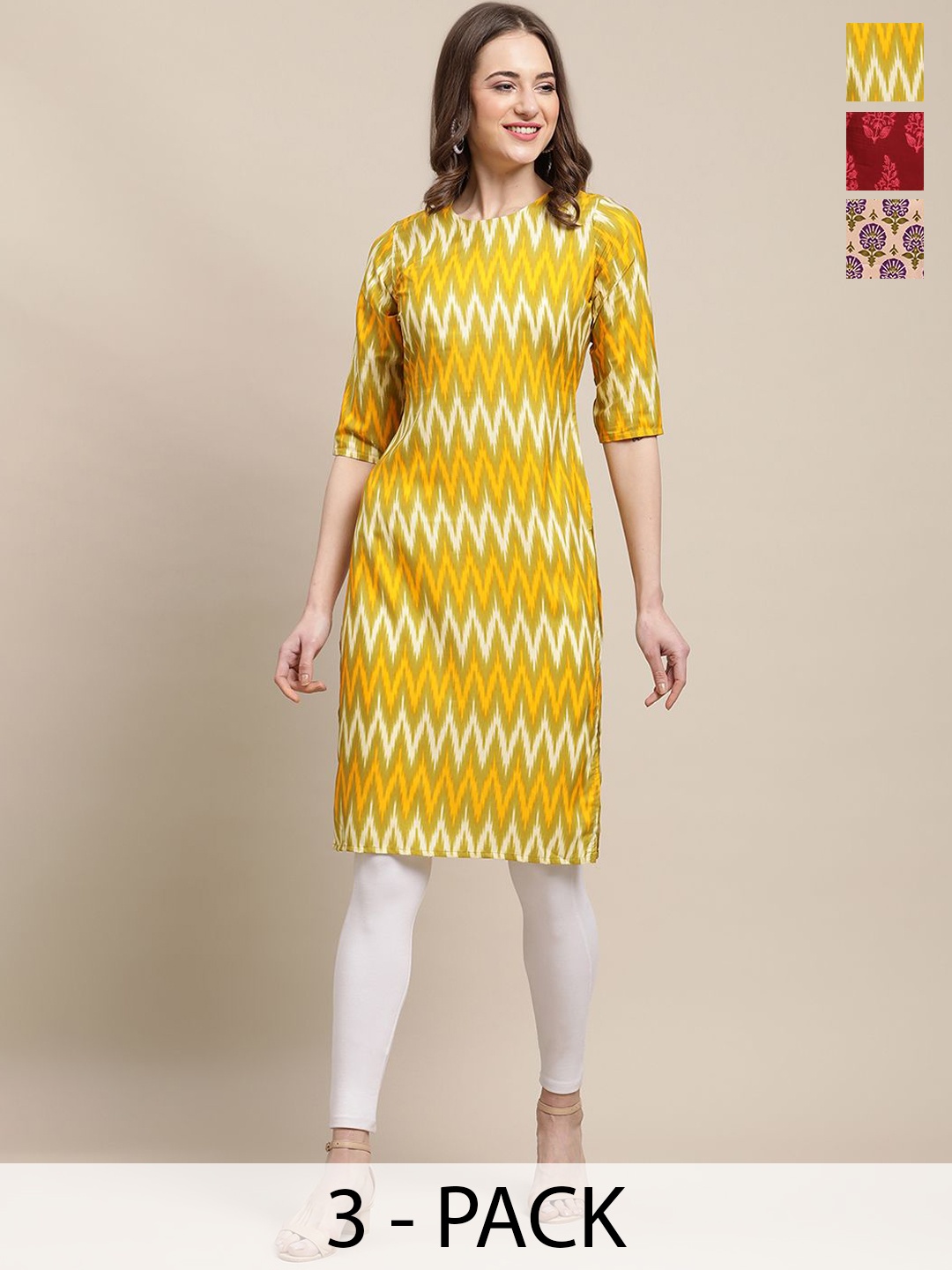 

7Threads Set Of 3 Chevron Printed Round Neck Machine Weave Straight Kurta, Yellow