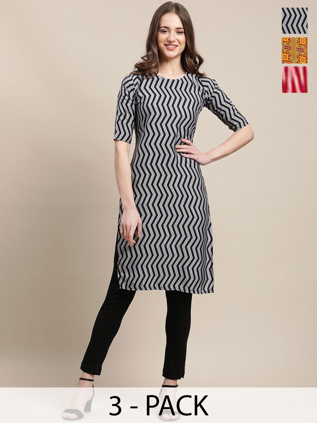 

7Threads Selection of 3 Chevron Printed Crepe Straight Kurta, Black
