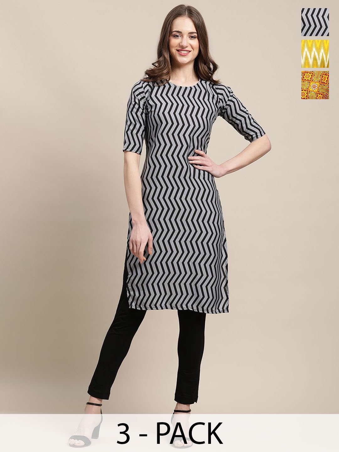 7Threads Selection of 3 Chevron Printed Round Neck Kurtas, Black