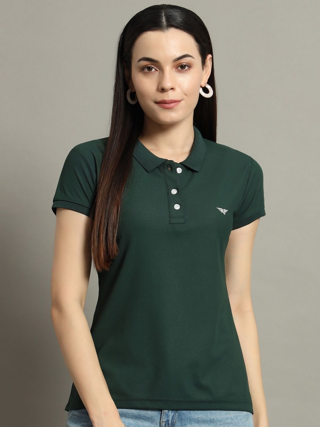 

RISS Women Solid Polo Collar Cotton T-shirt, Green
