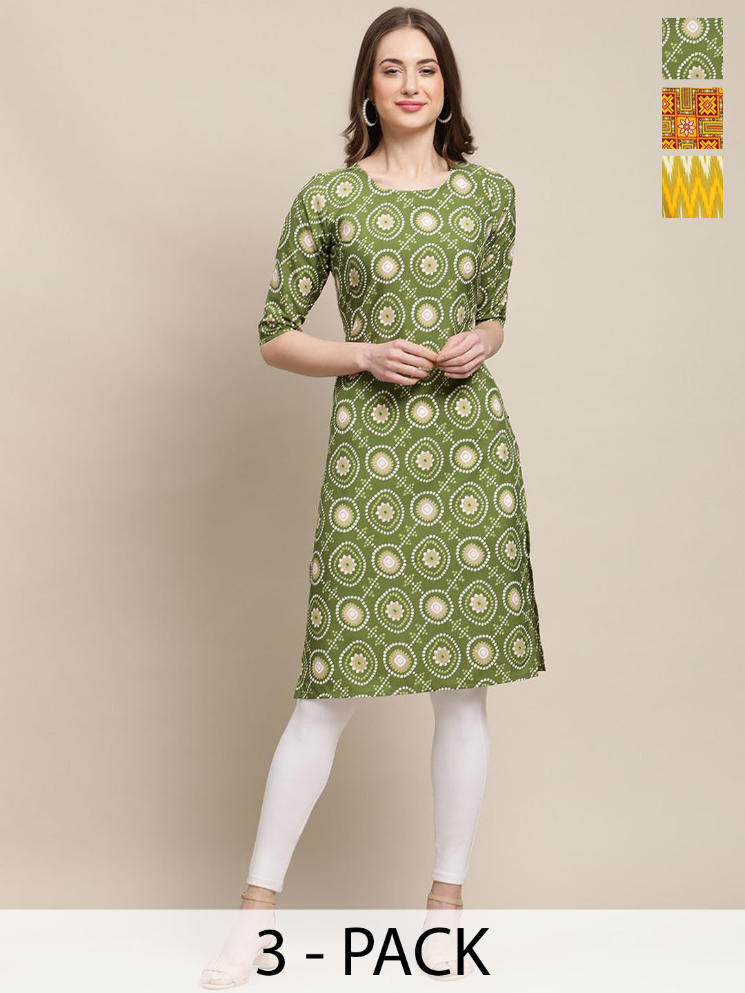 

7Threads Selection Of 3 Ethnic Motifs Printed Round Neck Crepe Straight Kurta, Green