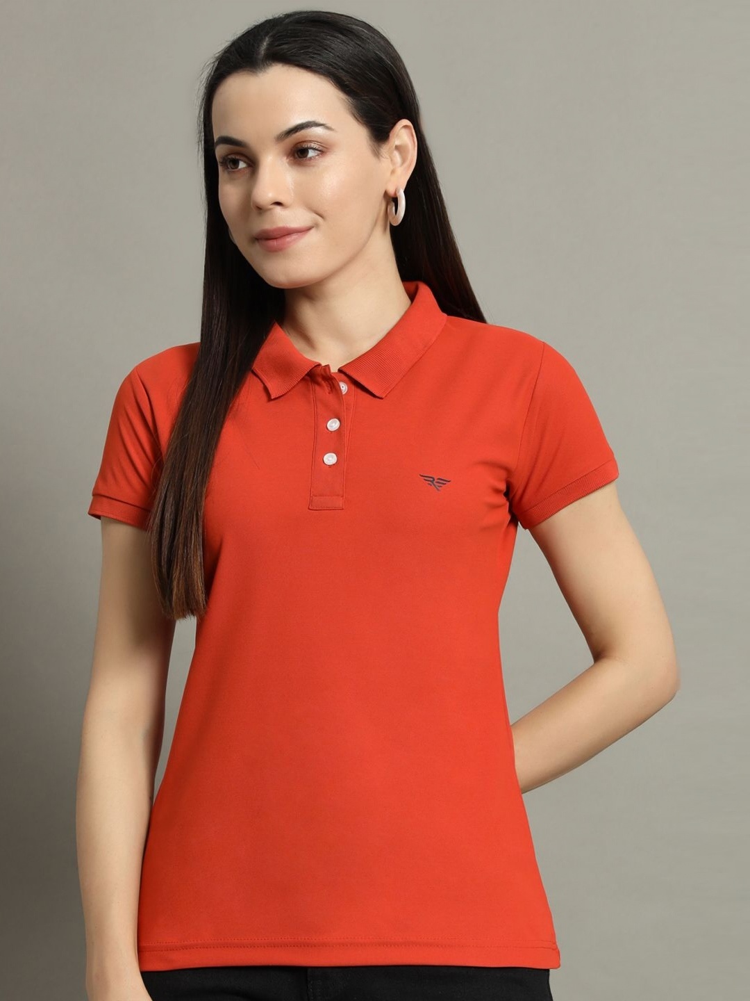 

RISS Women Solid Polo Collar Cotton T-shirt, Orange