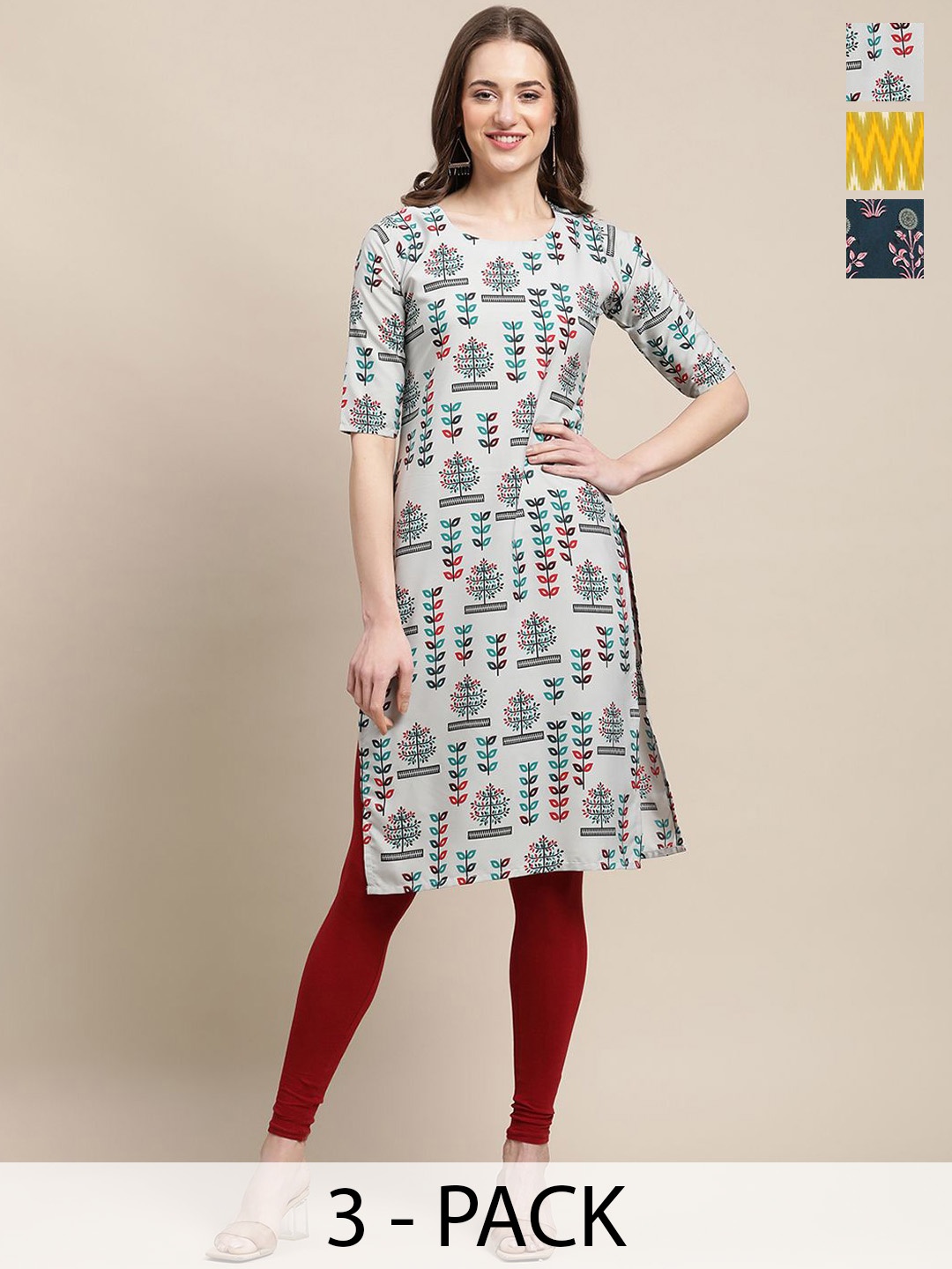 

7Threads Selections Of 3 Ethnic Motifs Printed Straight Kurtas, Grey