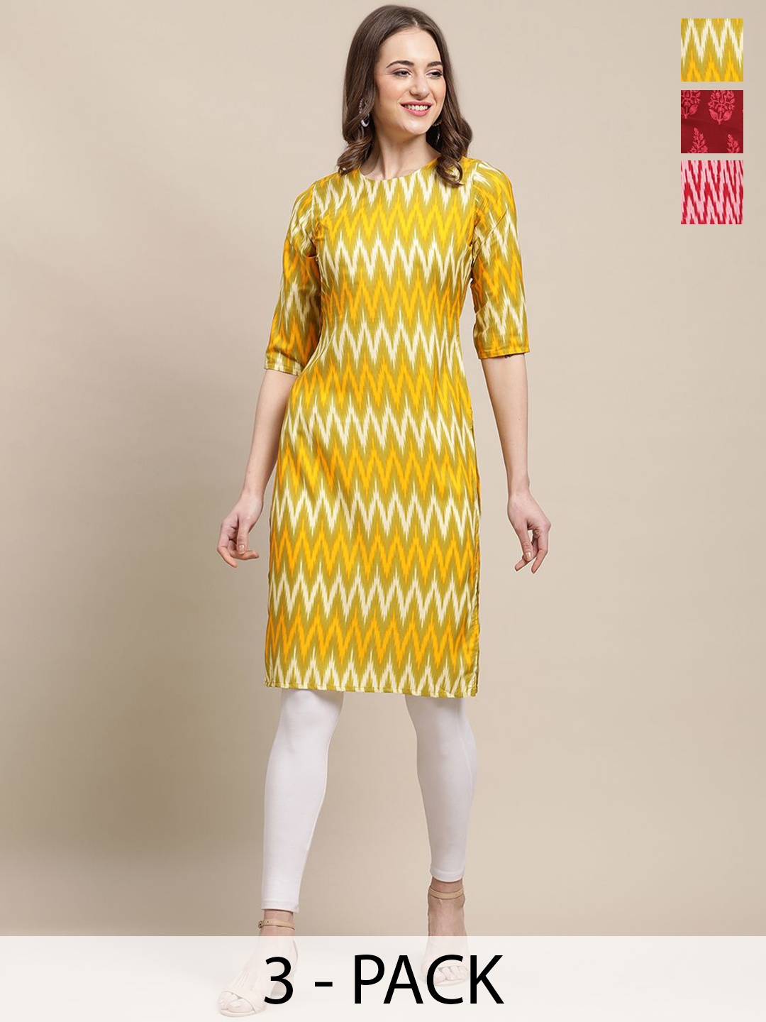7Threads Selection of 5 Chevron Printed Crepe Straight Kurta, Yellow