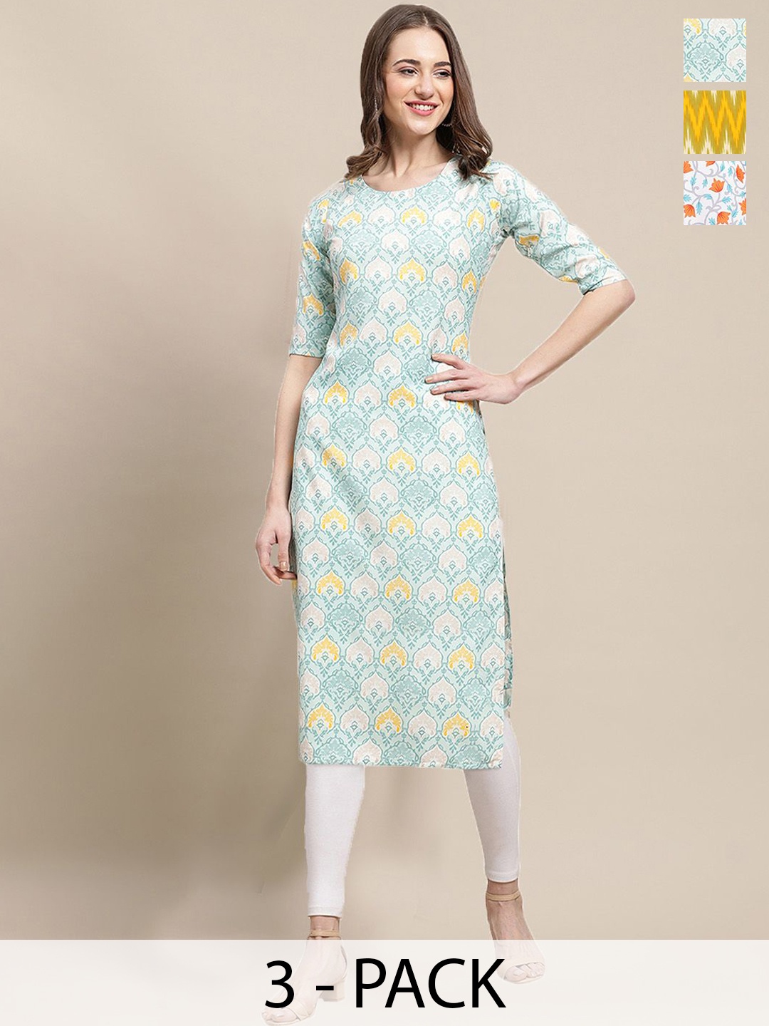 

7Threads Selection Of 3 Ethnic Motifs Printed Round Neck Crepe Straight Kurta, Blue