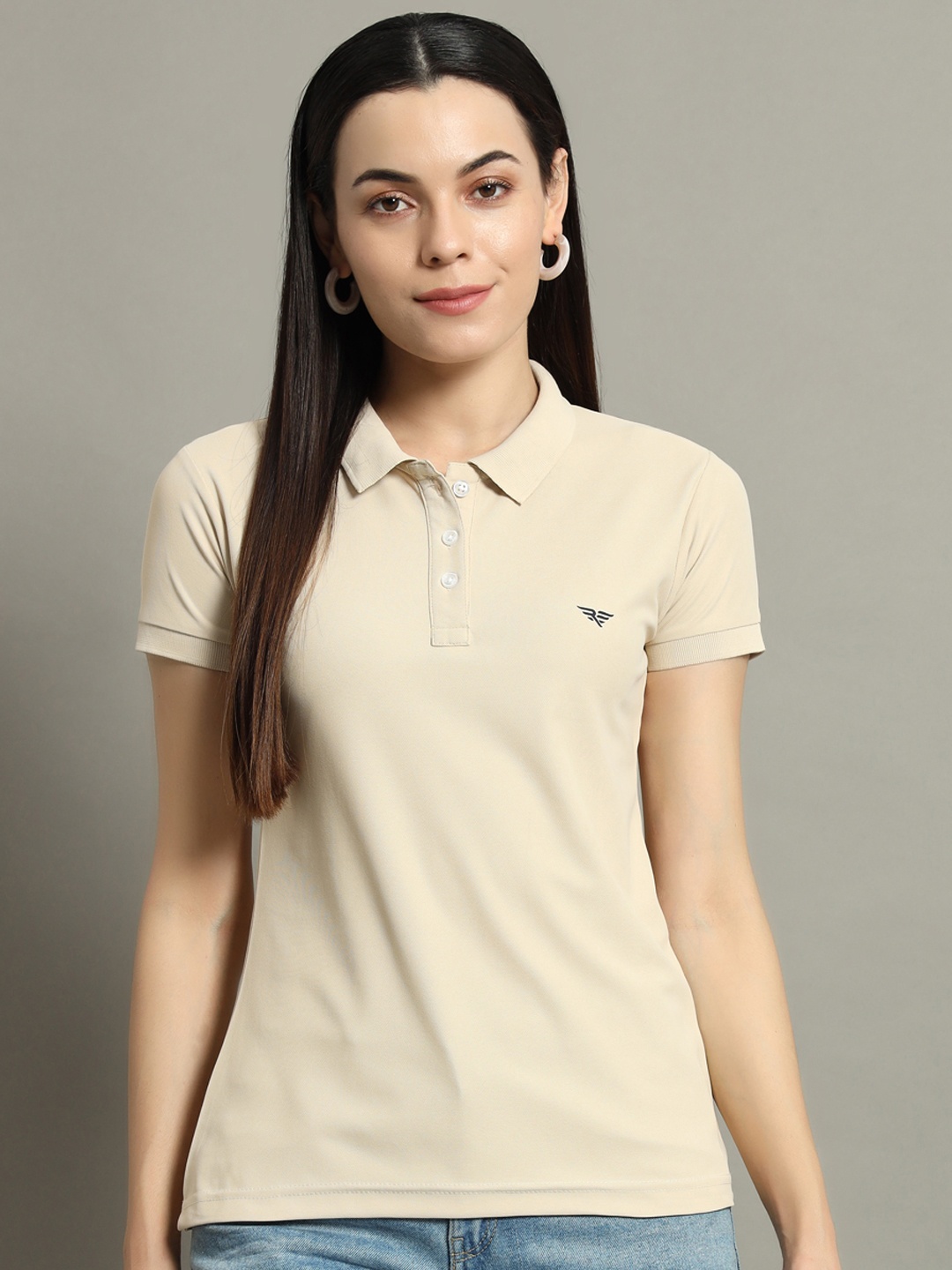 

RISS Women Solid Polo Collar Cotton T-shirt, Beige