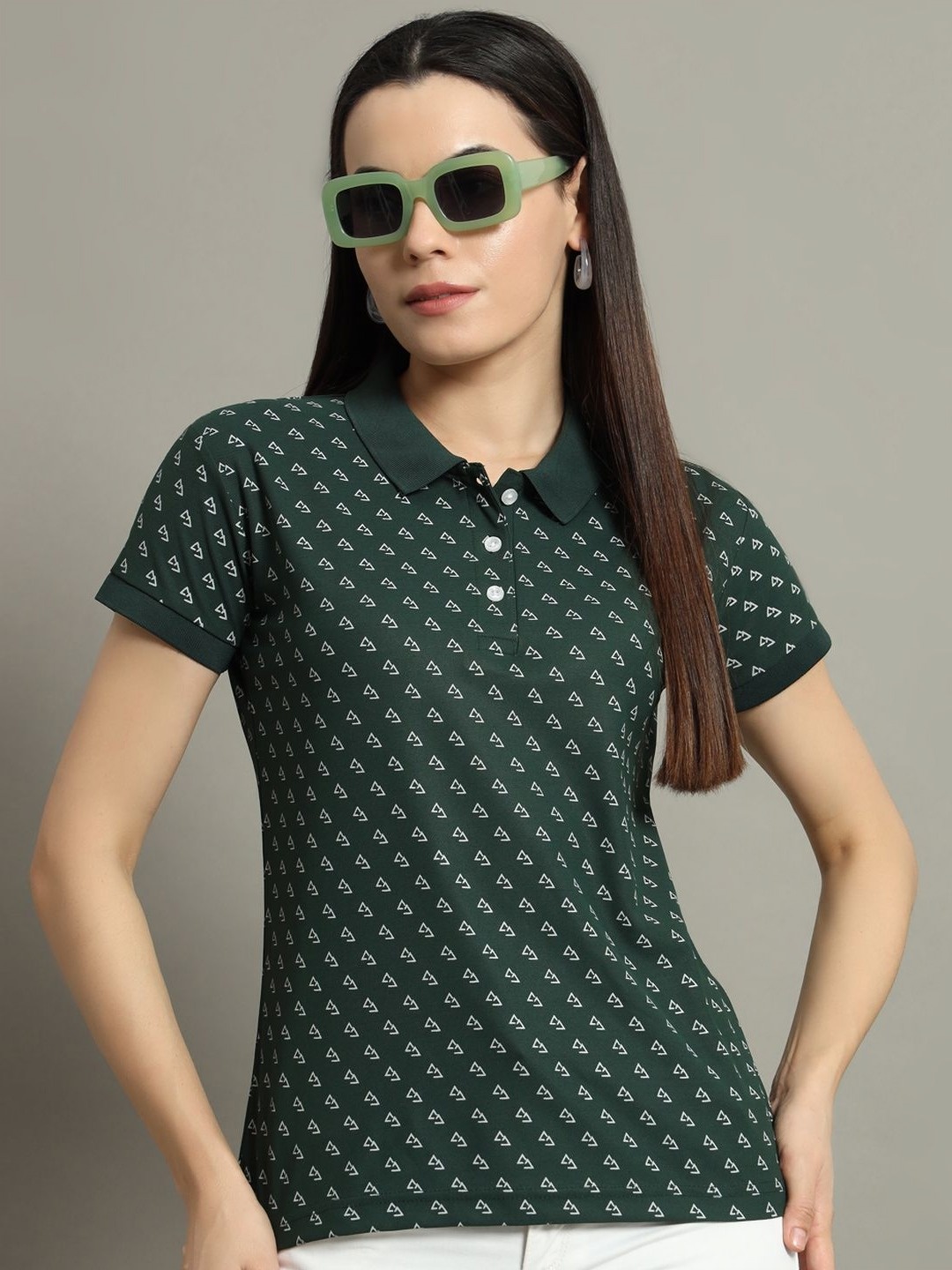 

RISS Women Printed Polo Collar Pockets T-shirt, Green