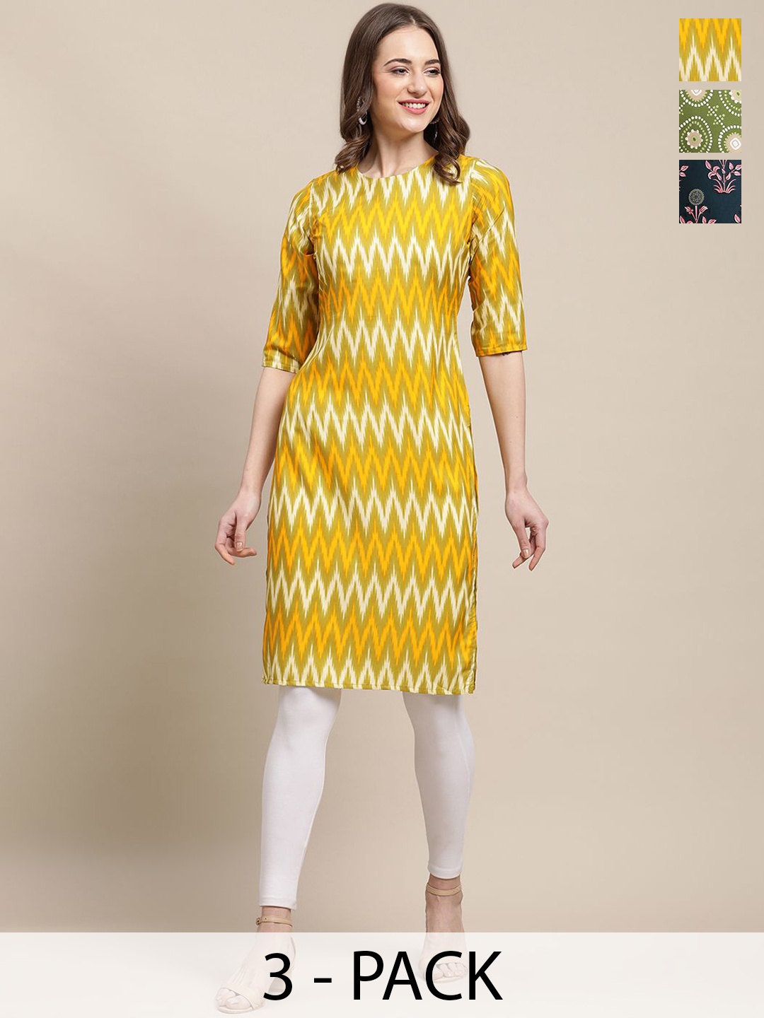 

7Threads Selection Of 3 Chevron Printed Round Neck Kurtas, Mustard