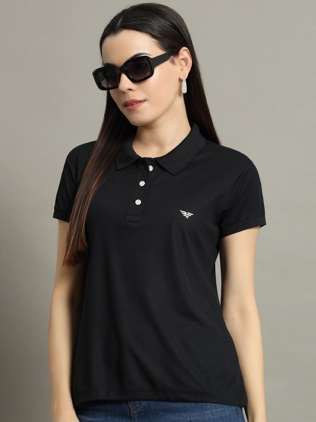 

RISS Women Solid Polo Collar Cotton T-shirt, Black