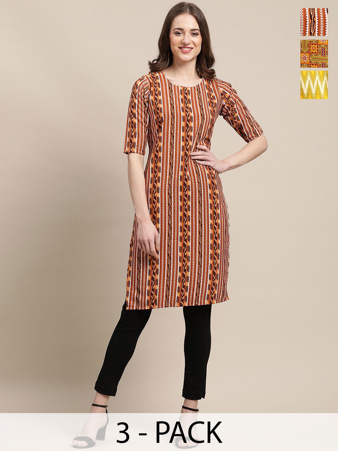 

7Threads Selection Of 3 Geometric Printed Round Neck Kurtas, Red