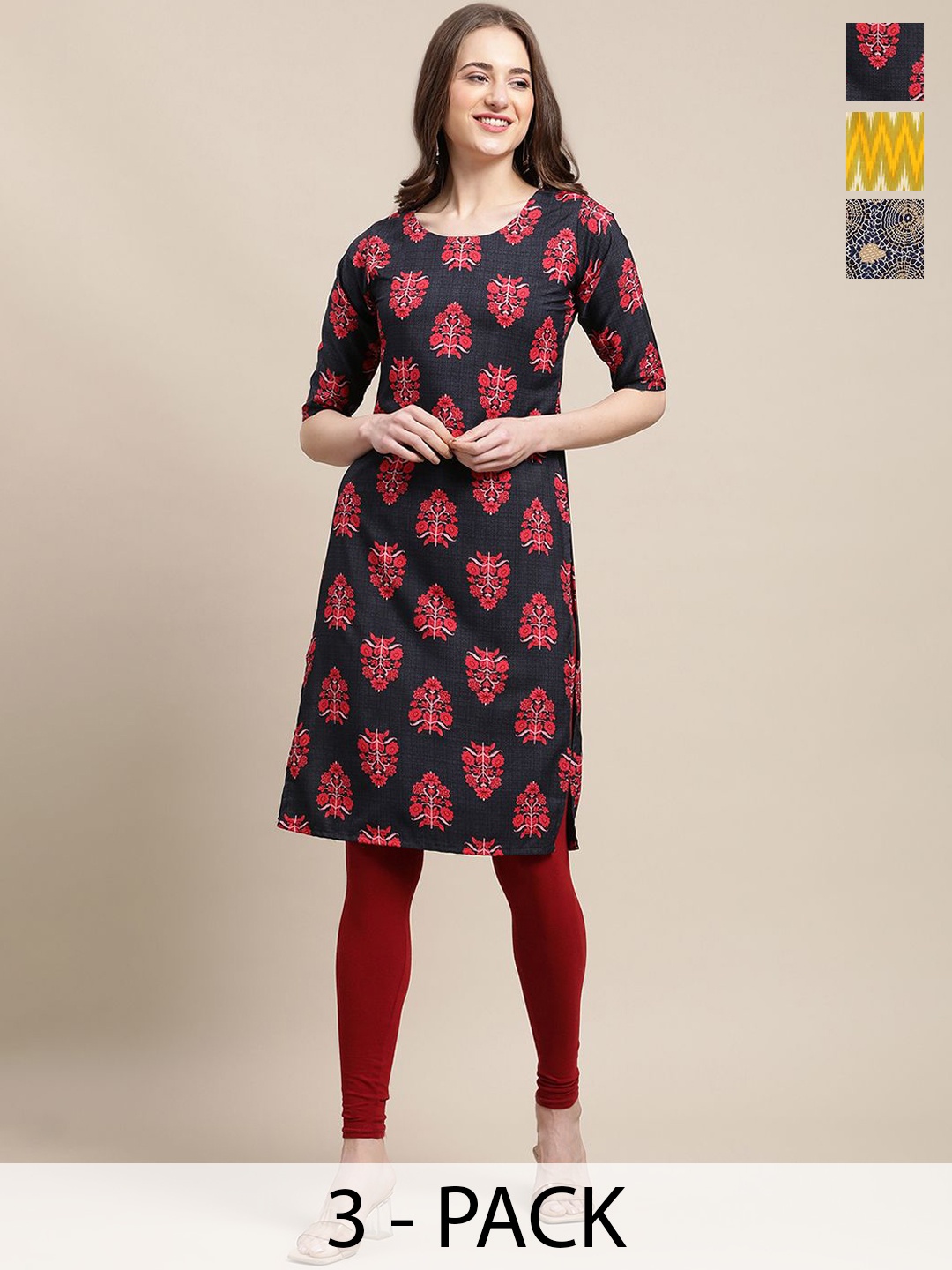 

7Threads Selection of 3 Ethnic Motifs Printed Crepe Straight Kurta, Black