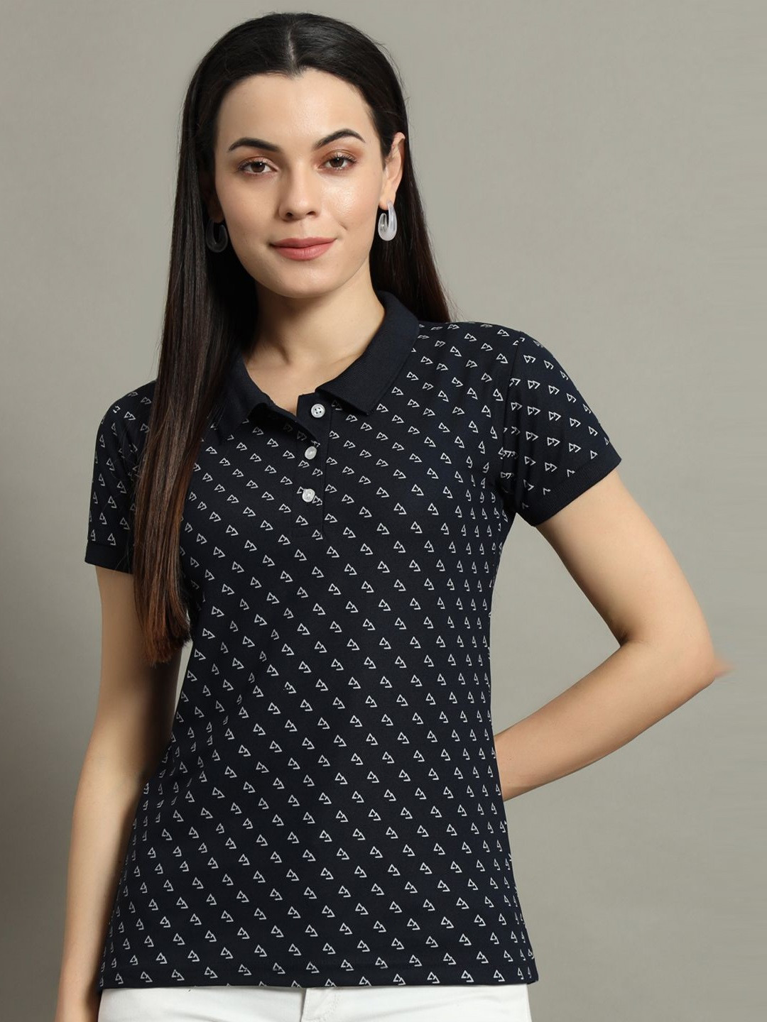 

RISS Women Printed Polo Collar Pockets T-shirt, Navy blue