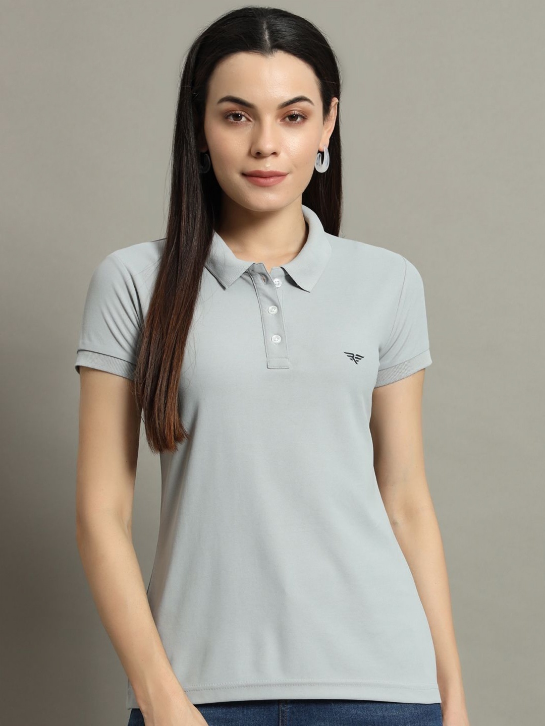 

RISS Women Solid Polo Collar Cotton T-shirt, Grey