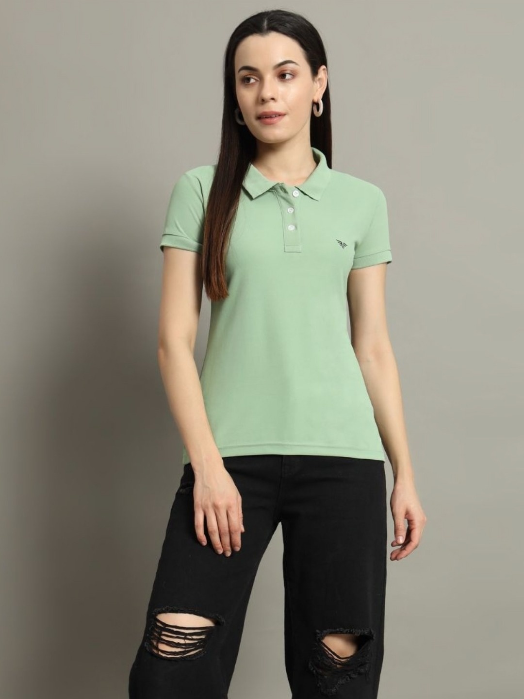 

RISS Women Solid Polo Collar Cotton T-shirt, Sea green