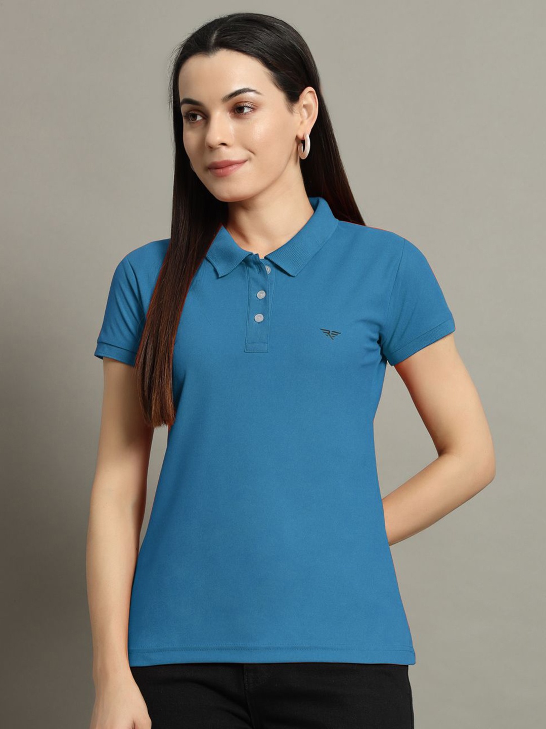

RISS Women Solid Polo Collar Cotton T-shirt, Teal