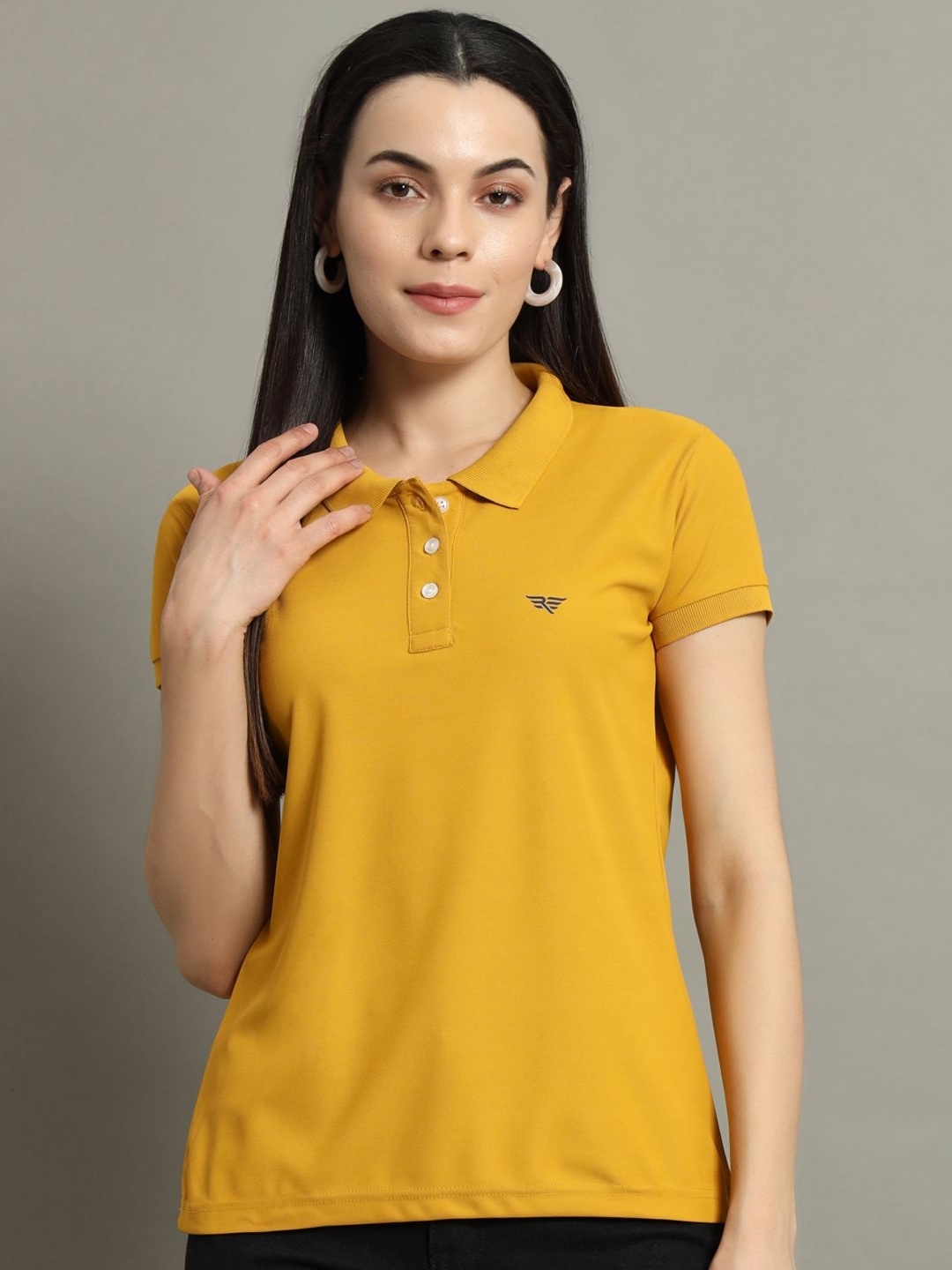 

RISS Women Solid Polo Collar Cotton T-shirt, Mustard