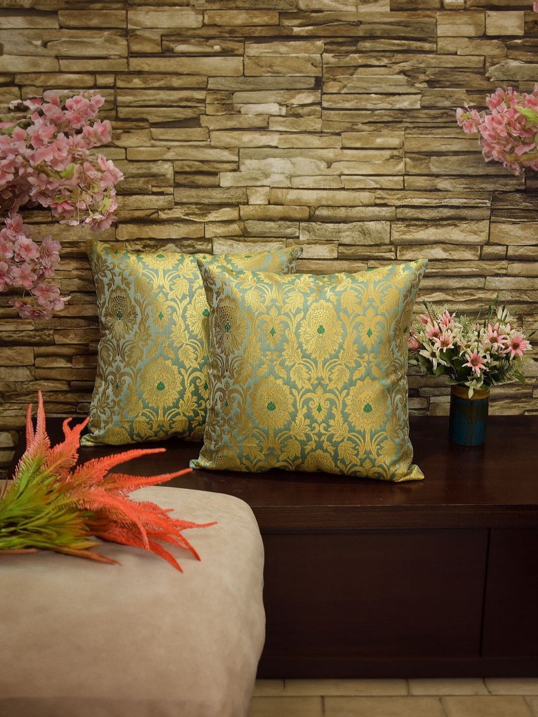

RoyalDeco Green 2 Pieces Ethnic Motifs Printed Zari Silk Square Cushion Covers