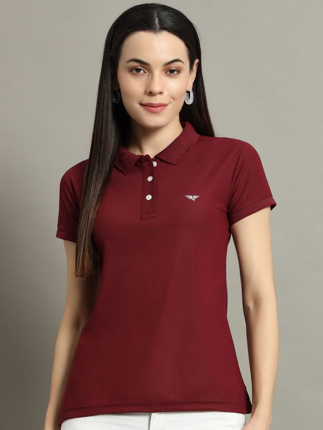 

RISS Women Solid Polo Collar Cotton T-shirt, Burgundy