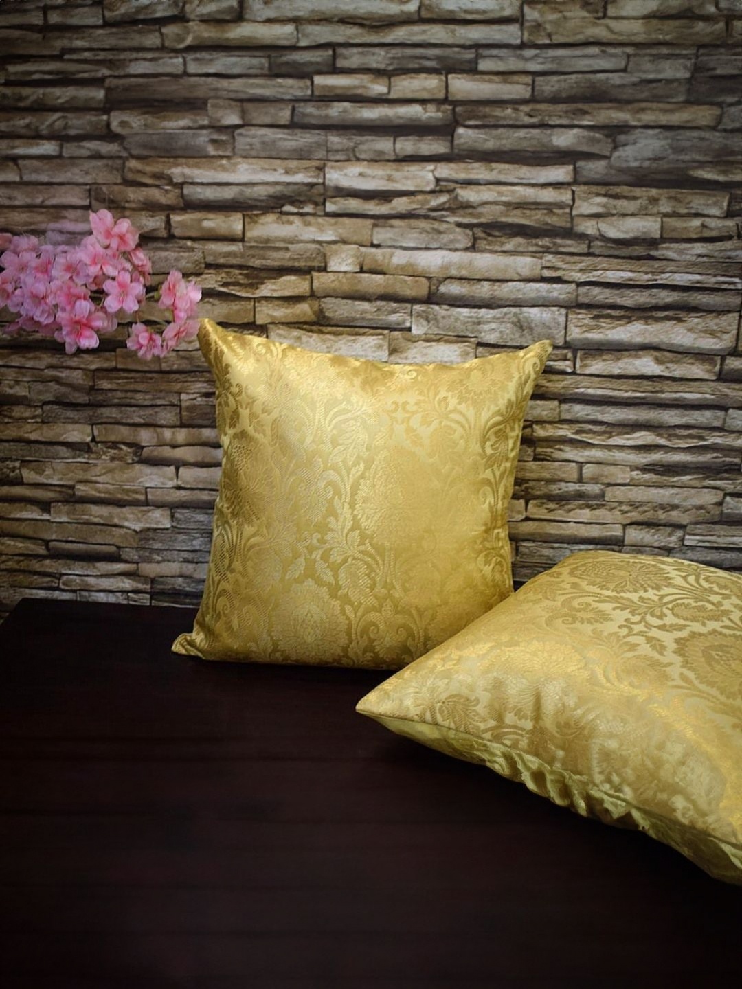 

RoyalDeco Gold Toned 2 Pieces Ethnic Motifs Zari Brocade Silk Square Cushion Covers