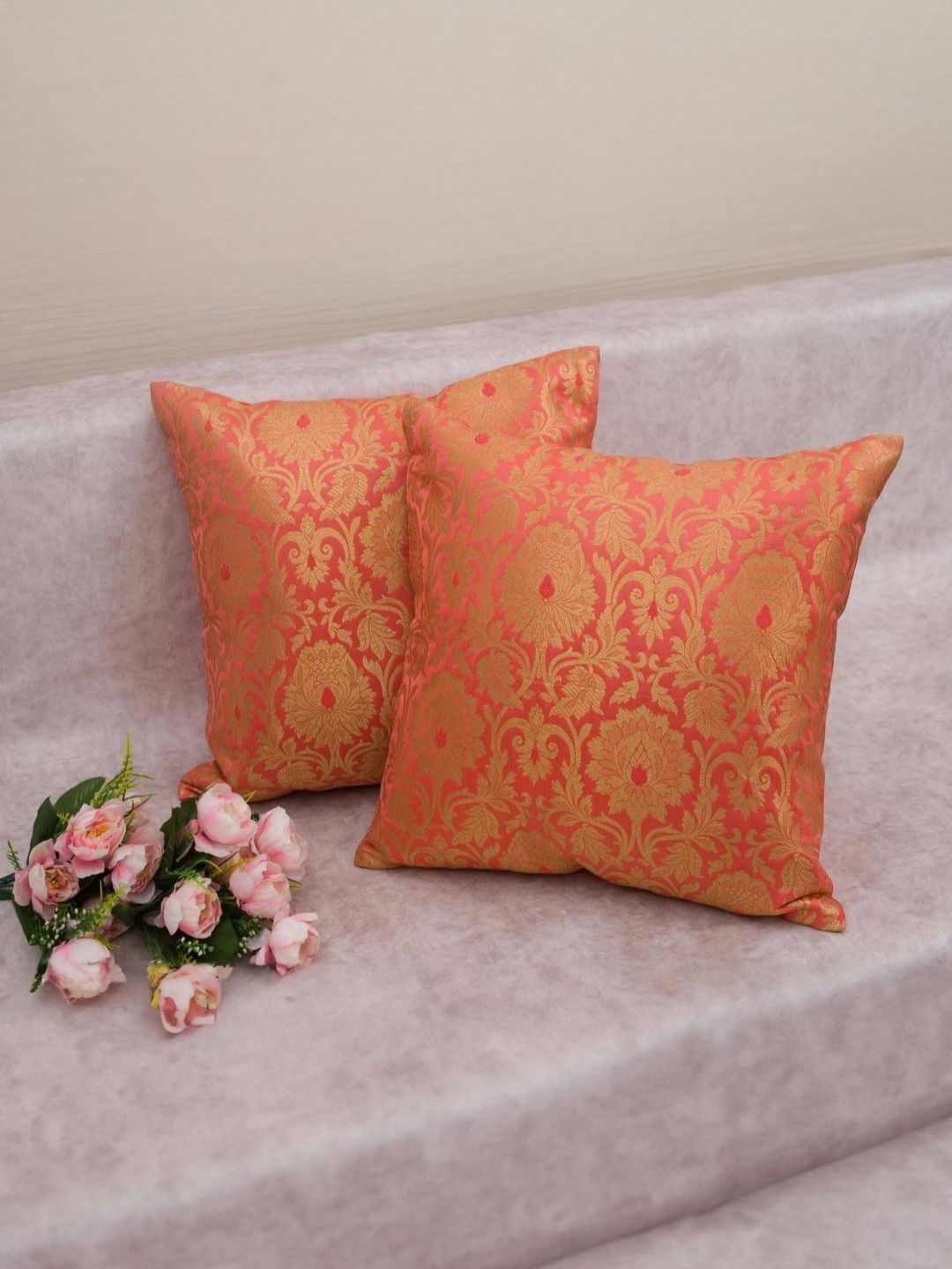 

RoyalDeco Coral 2 Pieces Ethnic Motifs Zari Brocade Silk Square Cushion Covers
