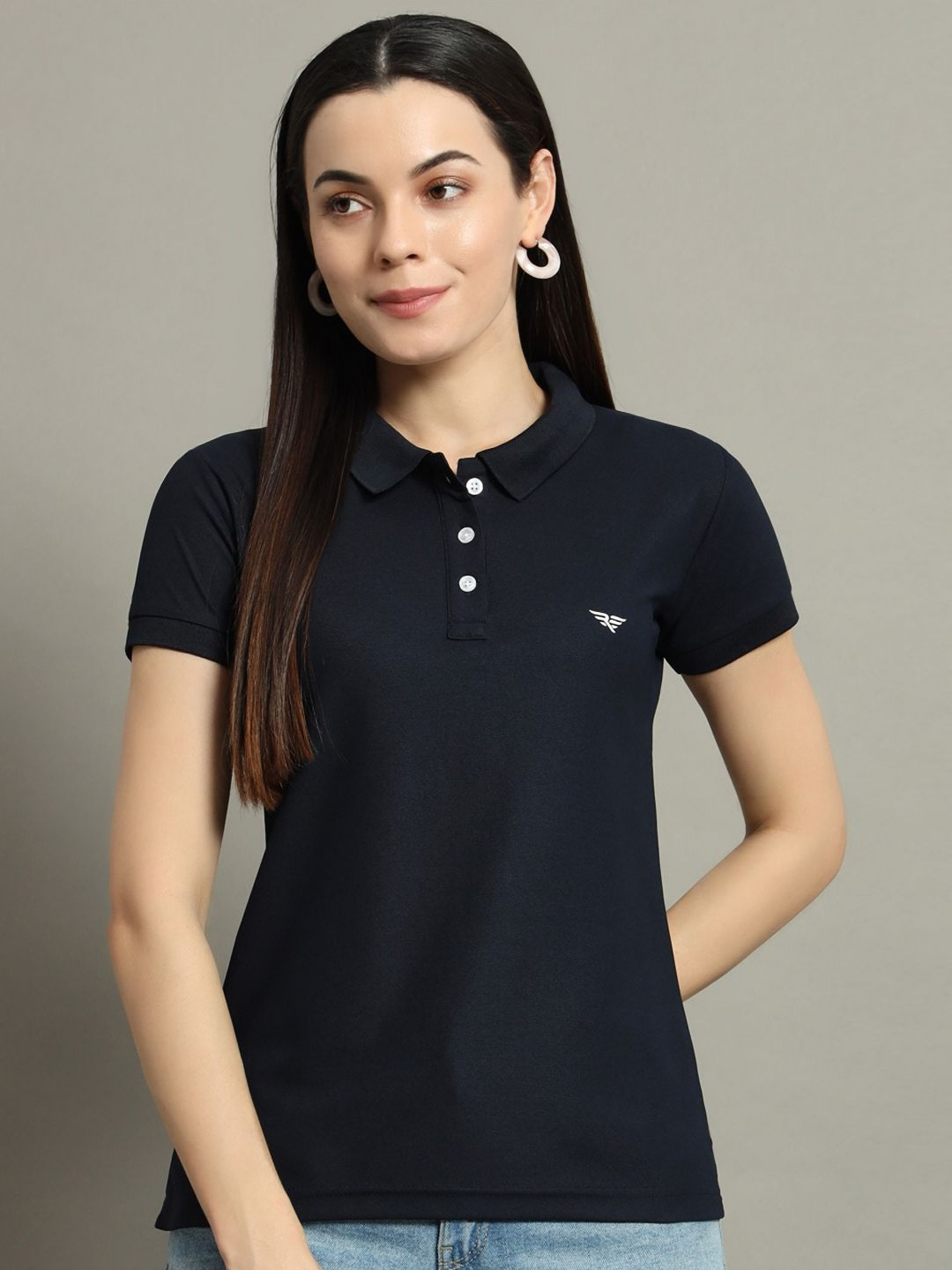 

RISS Women Solid Polo Collar Cotton T-shirt, Navy blue