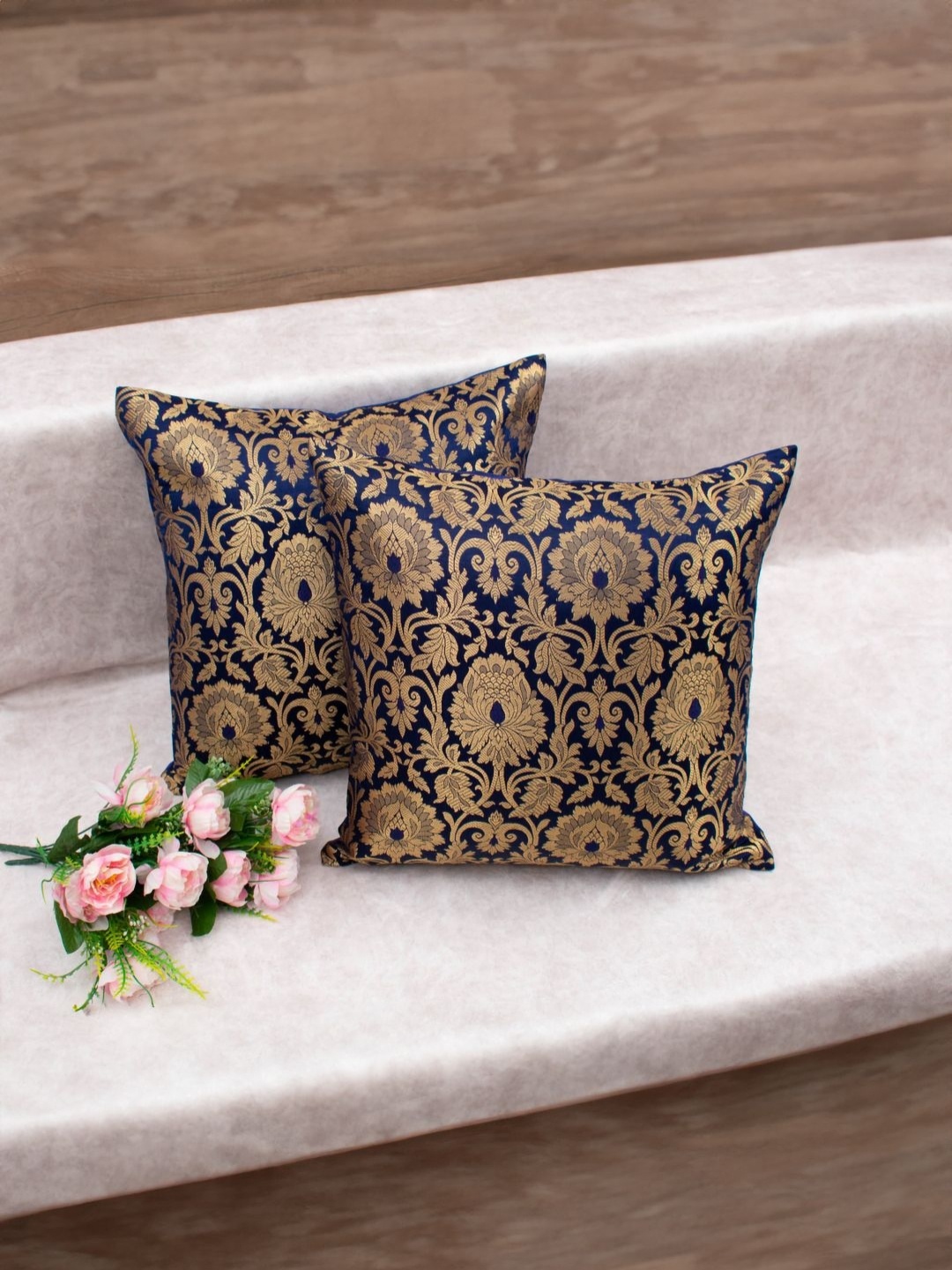 

RoyalDeco Navy Blue 2 Pieces Ethnic Motifs Zari Brocade Silk Square Cushion Covers