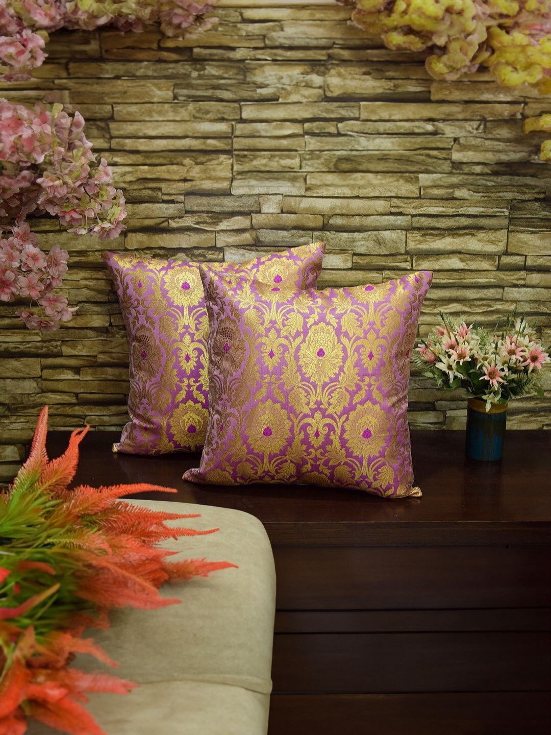 

RoyalDeco Lavender 2 Pieces Ethnic Motifs Zari Brocade Silk Square Cushion Covers