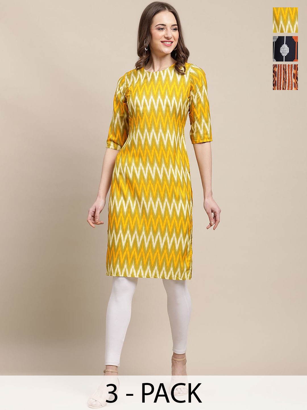 

7Threads Selection of 3 Geometric Printed Straight Kurtas, Yellow
