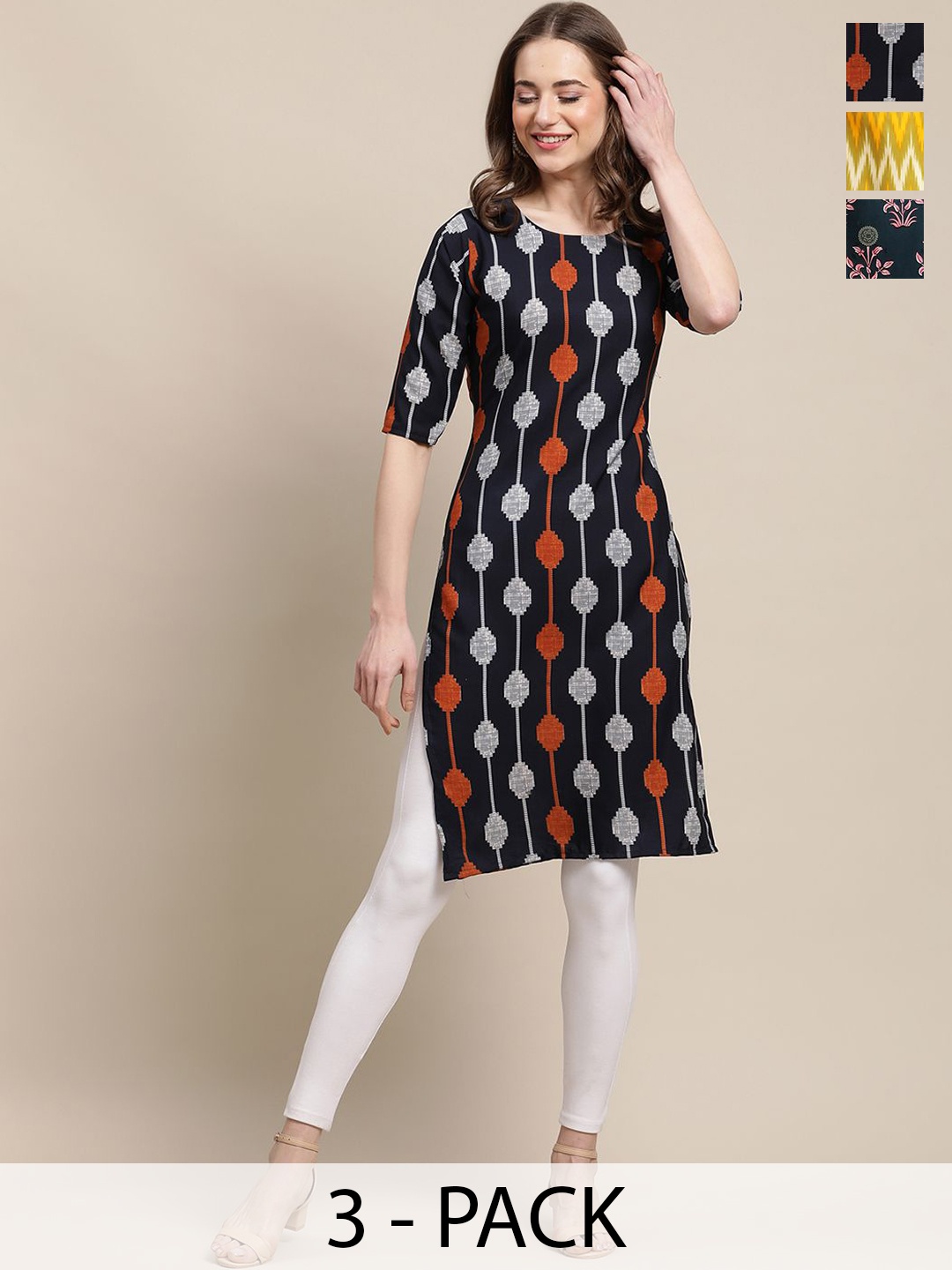 7Threads Selection Of 3 Ethnic Motifs Printed Straight Kurta, Black