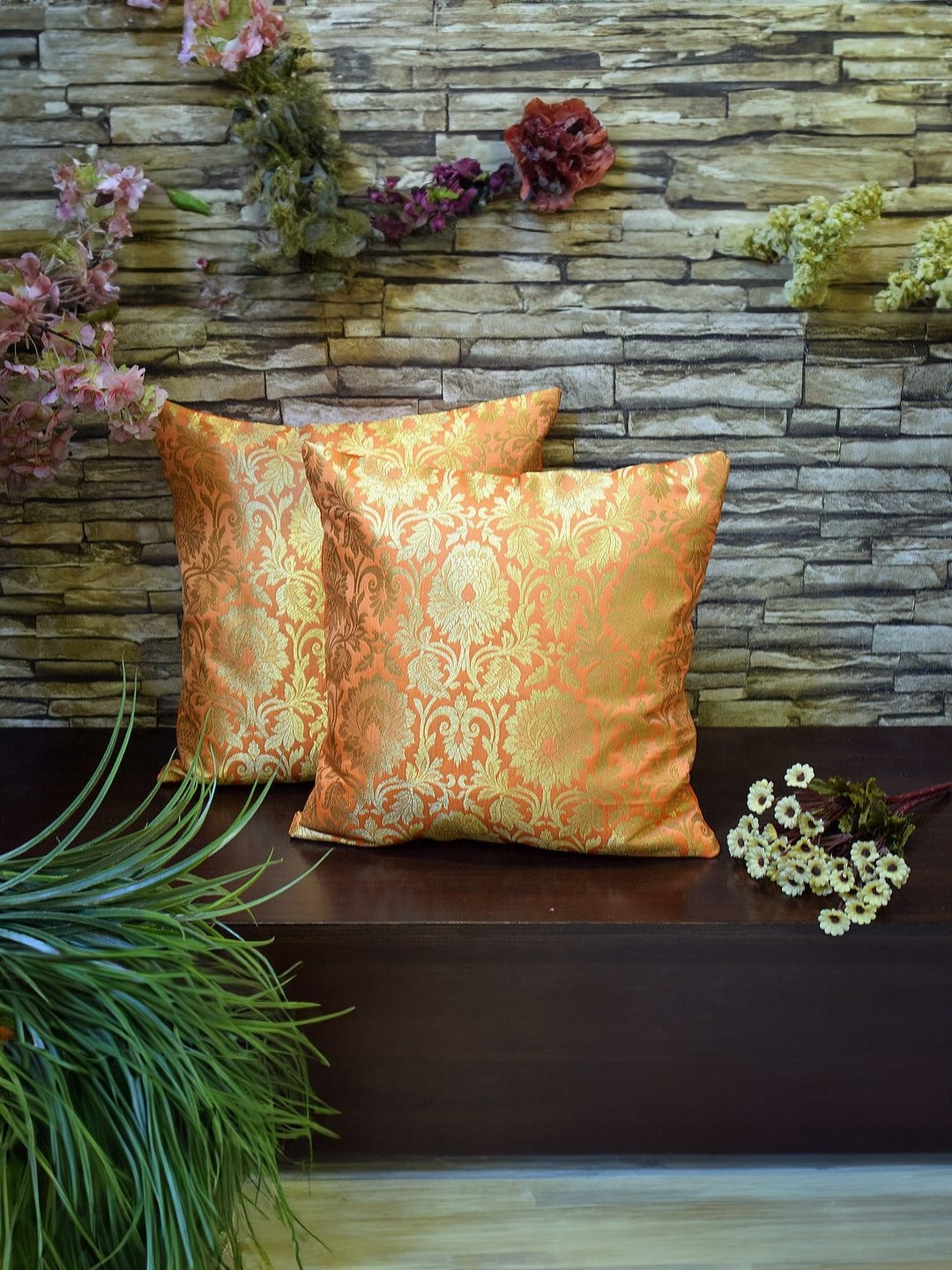 

RoyalDeco Mughal Banarasi Orange 2 Pieces Ethnic Motifs Brocade Square Cushion Covers