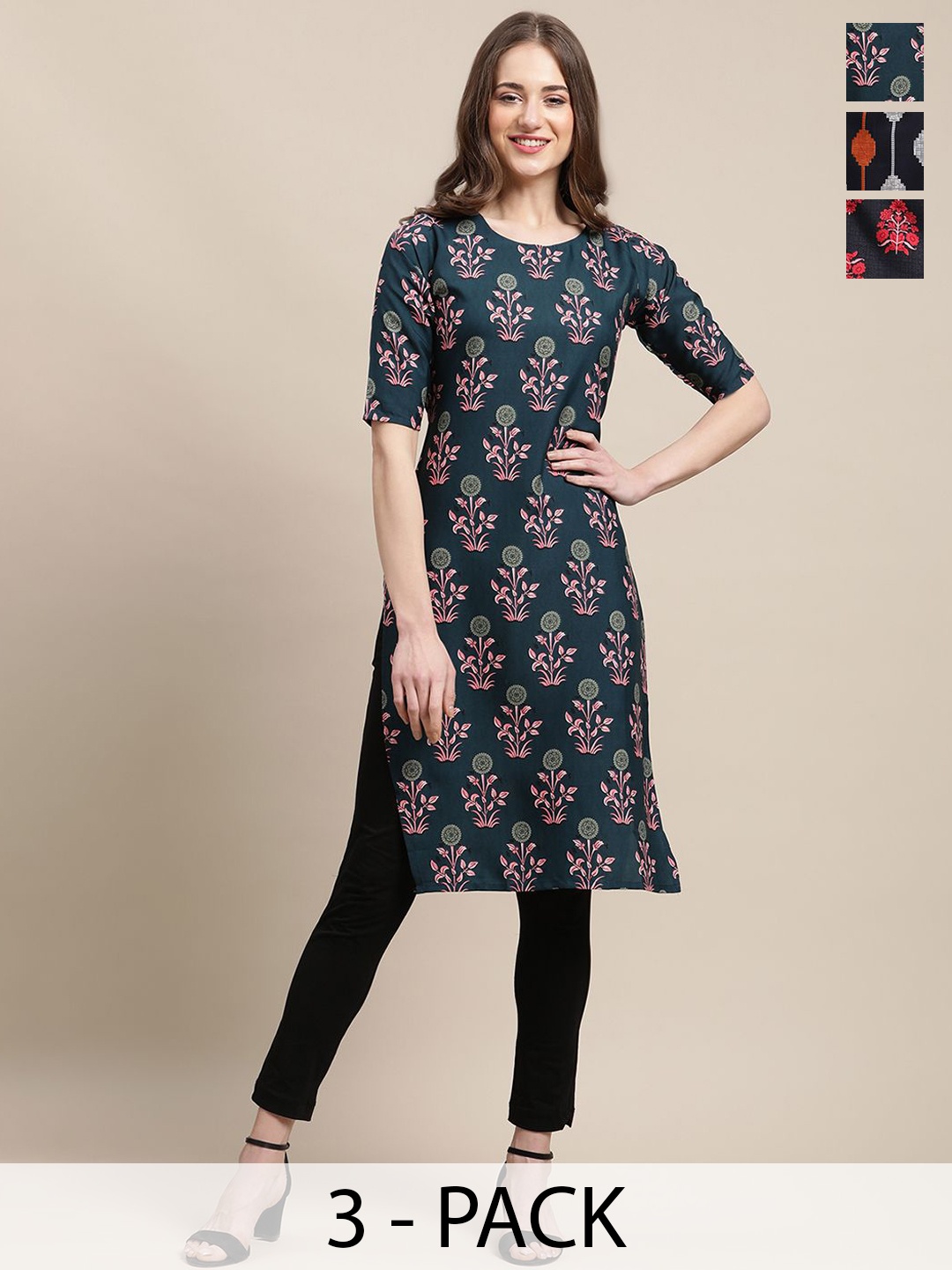 7Threads Selection Of 3 Floral Printed Round Neck Kurta, Blue