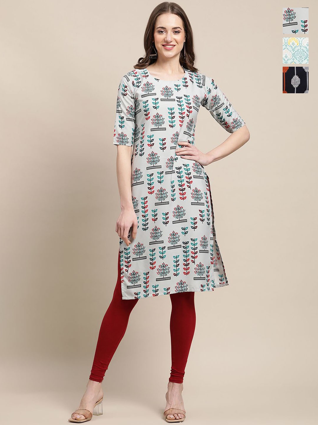 7Threads Selection of 3 Floral & Geometric Printed Straight Kurtas, Grey